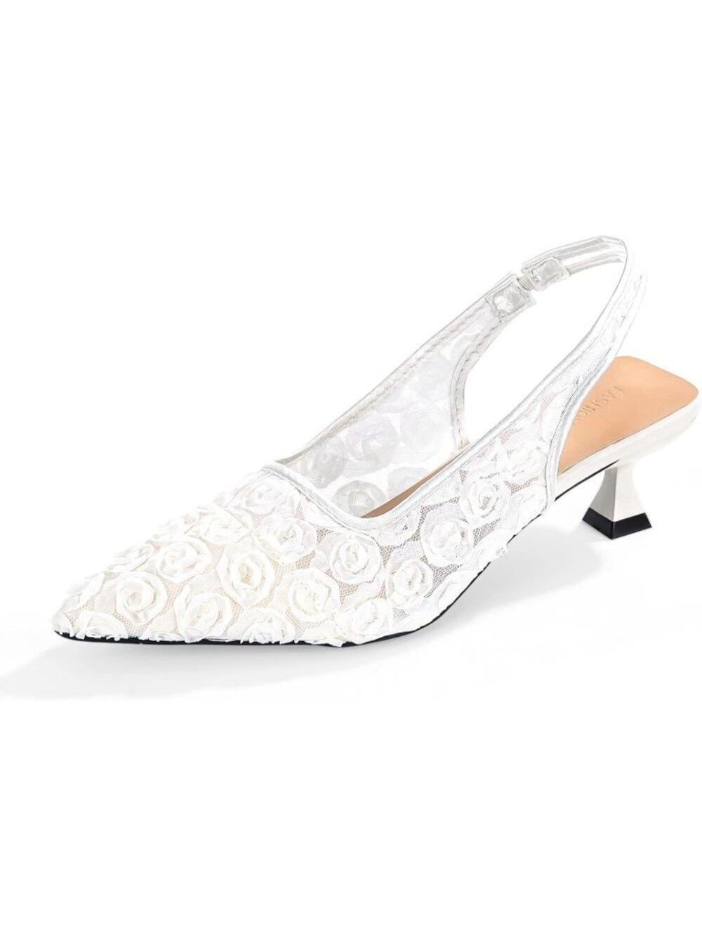 Women's White Pointed Toe Floral Mesh Slingback Low Heel Formal Kitten Heels